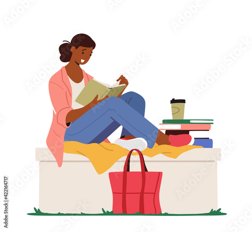 Education, Reading Hobby Concept. Woman Sitting on Parapet with Fashioned Bag beneath Read Book. Student Prepare to Exam