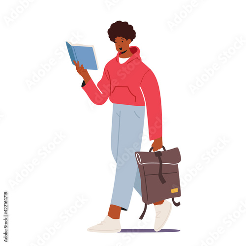 Young Man Student Character with Bag in Hand Reading Book. College or University Education, Prepare to Exam, Knowledge