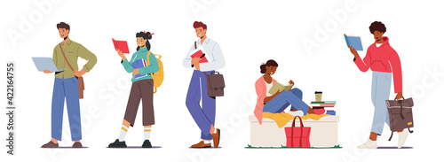 Set of Students Characters with Different Bags Shoulder Belt, Rucksack or Backpack, Hand Bag. Men and Women Reading