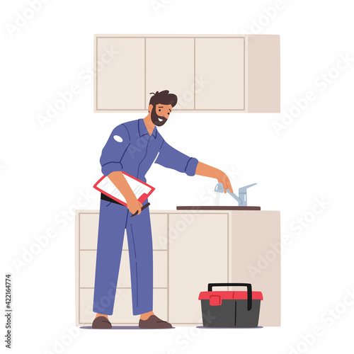 Plumber Working Concept. Handyman Character in Overalls Fixing Broken Sink at Home Kitchen. Husband for an Hour Service