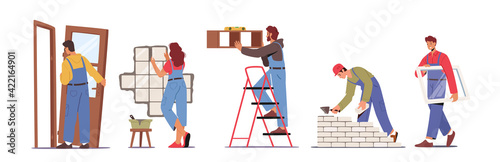 Set of People Work on Home Repair Installing Door, Window, Tiling Wall, Hanging Shelf and Laying Brick, Renovation