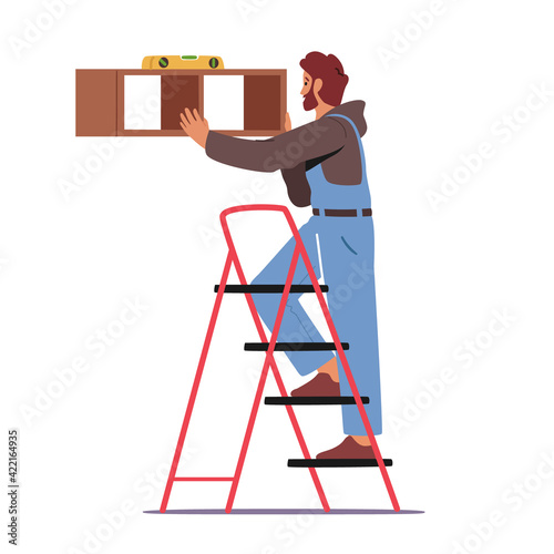 Furniture Assembly Service. Carpenter Worker Character with Tools and Level Assembling Home Furniture Hanging Shelf