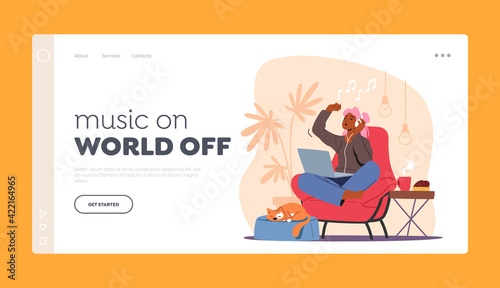 Woman Listen Music Landing Page Template. Young Female Character in Headphones Sit on Armchair Move Body to Sound Rhythm