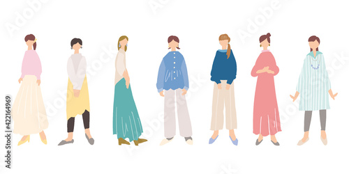 おしゃれな女性、人物イラスト、お母さん、働く女性、シンプルな女性像　Fashionable women, portraits, moms, working women, simple female figures