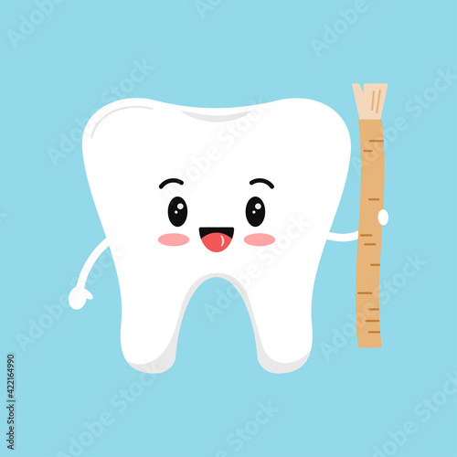 Cute tooth molar with siwak or miswak toothbrush. Flat design cartoon healthy character vector illustration. Happy white tooth isolated on background. Islamic teeth hygiene and whitening concept.