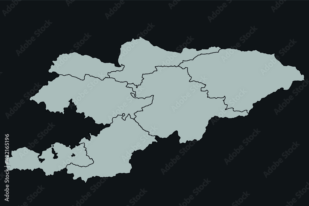 Contour vector map of Kyrgyzstan with the designation of the administrative borders of the regions on a dark background.