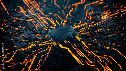 Advanced Technology Concept with Microchip. Orange Neon Data flows from the CPU across a Futuristic Motherboard. 3D render.