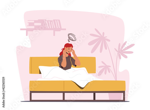 Female Character Depression and Migraine. Depressed Woman with Bewildered Thoughts in Mind and Headache. Mental Disease