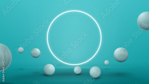 Empty blue abstract scene with realistic bouncing spheres and neon ring. 3d render illustration with blue abstract scene with neon white ring