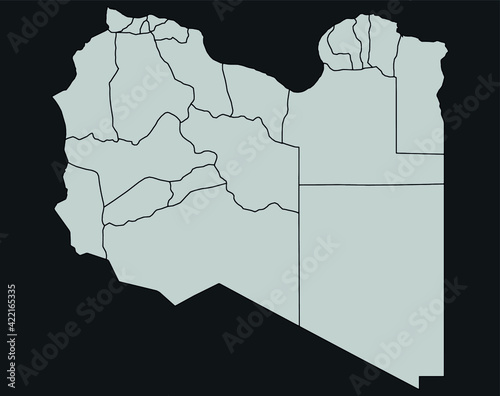 Contour vector map of Libya with the designation of the administrative borders of the regions on a dark background.