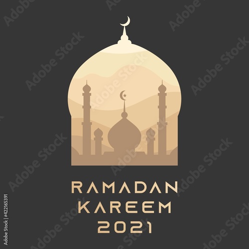 Ramadan Kareem 2021 islamic vector design banner celebration greeting card,background arabic islam mosque,mubarac crescent moon and mosque dome silhouette with arabic wavy golden sand desert pattern