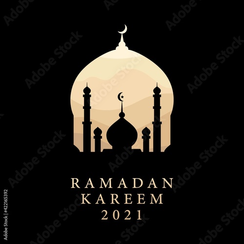 Ramadan Kareem 2021 islamic vector design banner celebration greeting card,background arabic islam mosque,mubarac crescent moon and mosque dome silhouette with arabic wavy golden sand desert pattern
