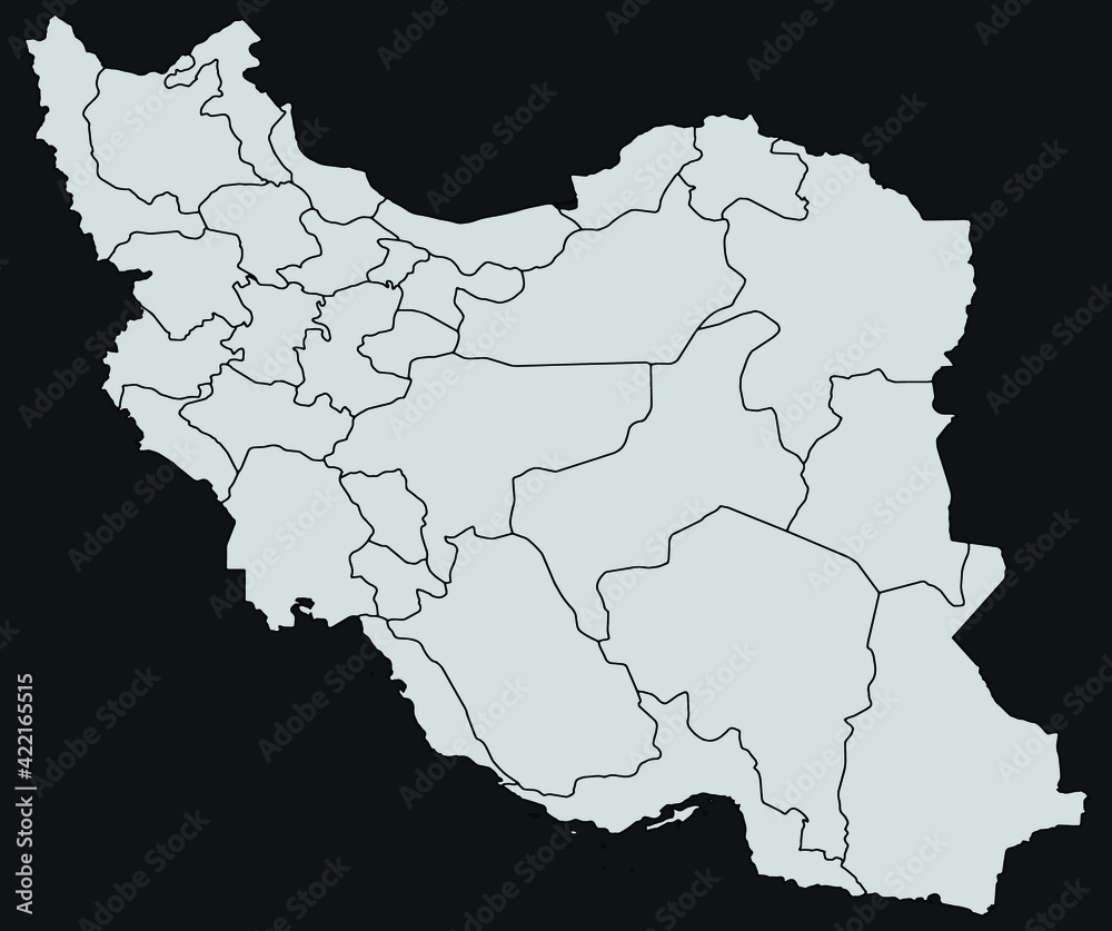 Contour vector map of Iran with the designation of the administrative borders of the regions on a dark background.