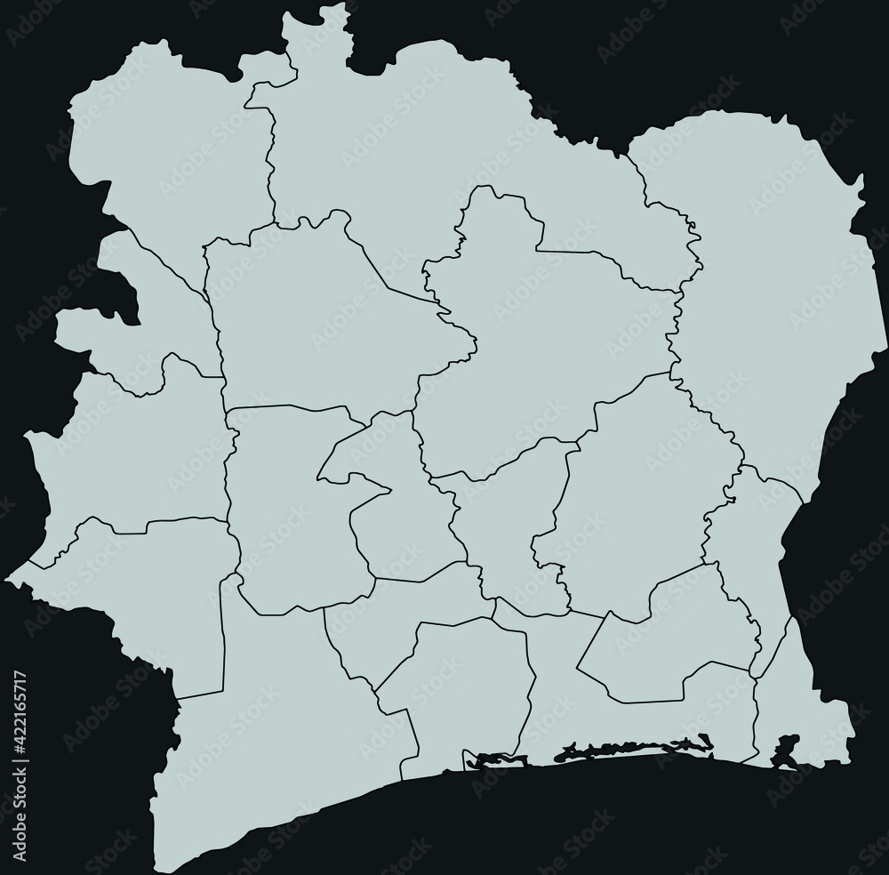 Contour vector map of Ivory Coast with the designation of the administrative borders of the regions on a dark background.