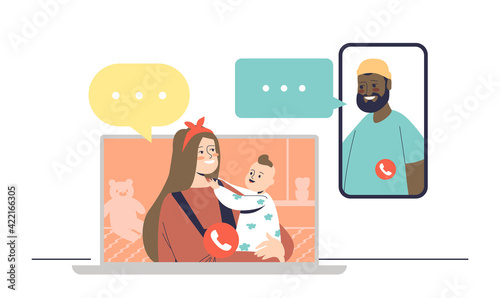 Family video call with parents and kid talking on online conference using internet and gadgets