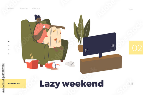 Lazy weekend landing page with girl on sofa with smartphone watch tv and eat food from delivery
