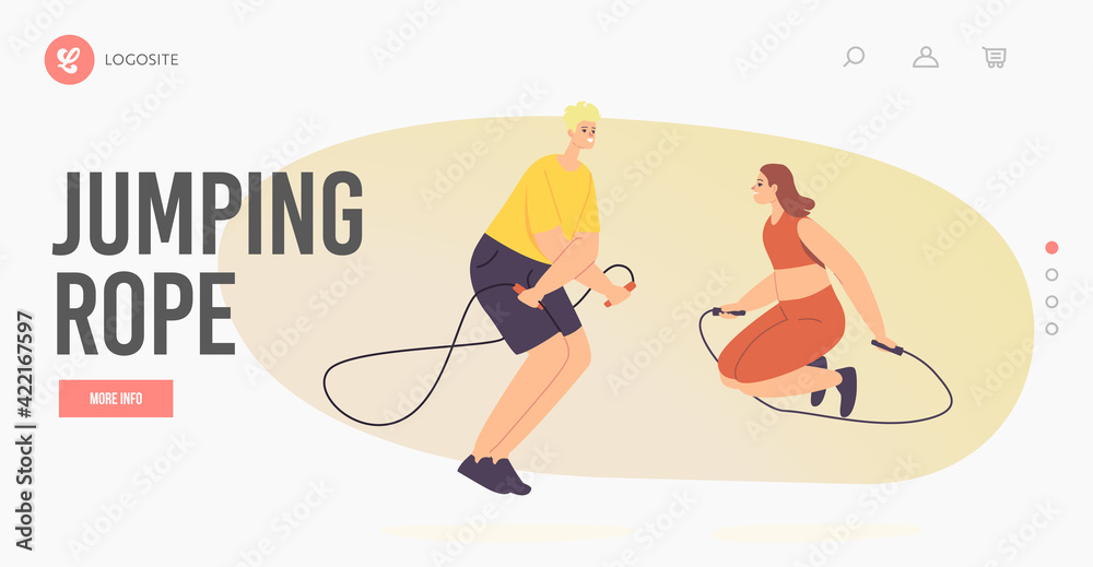 Characters Sport Training, Exercising with Jump Rope Landing Page Template. Healthy Life, Training in Gym. Activity