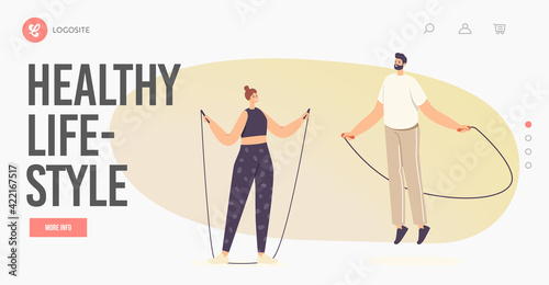 Healthy Lifestyle Landing Page Template. People in Sportswear Exercising with Jump Rope. Sports Recreation, Weight Loss