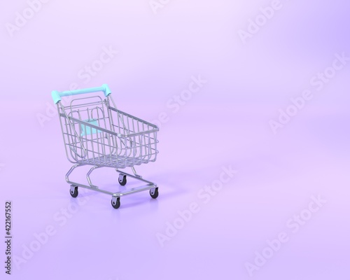 Shopping cart on a pastel purple background. Sale buy shopping mall market store. Shopping Trolley. Minimalist concept, isolated cart. 3d render