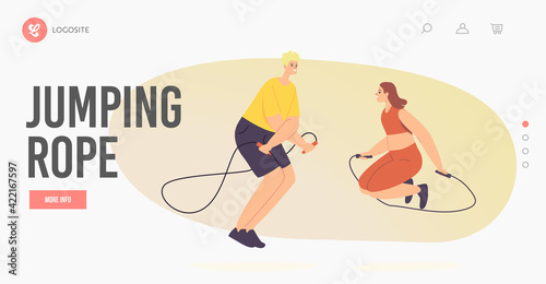 Characters Sport Training, Exercising with Jump Rope Landing Page Template. Healthy Life, Training in Gym. Activity
