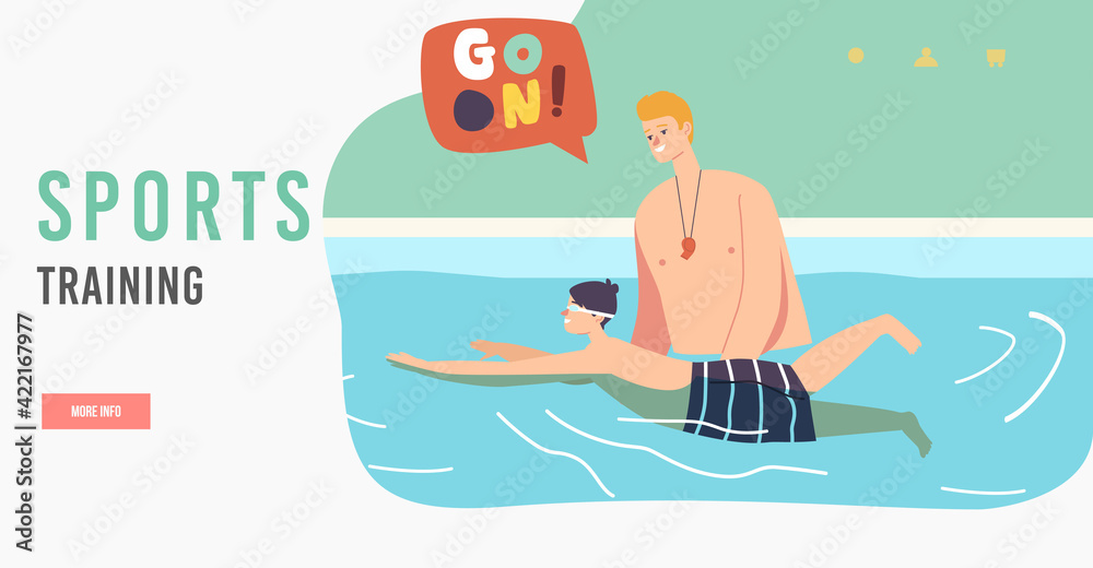 Sports Training Landing Page Template. Learn to Swim, Sport Lesson. Swimming Class with Swimmer Child and Couch in Pool Sports Training Landing Page Template. Learn to Swim, Sport Lesson. Swimming Class with Swimmer Child and Couch in Pool