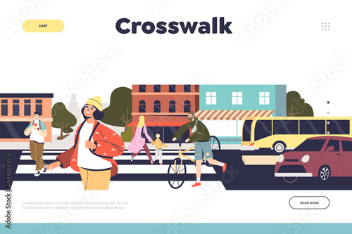 Crosswalk walking concept of landing page with people crossing road on zebra