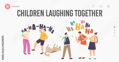 Kids Laughing Together Landing Page Template. Happy Girls or Boys Characters Laugh, Funny Children and Dog Ha-ha Emotion