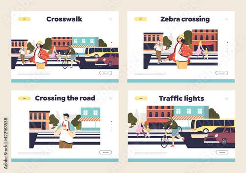 Safe crossing of road and pedestrian safety concept of landing pages with people on crosswalks