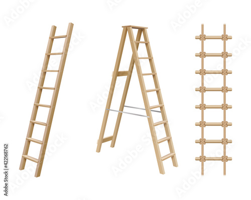 Wooden stairs, stepladder and rope ladder realistic set isolated on white background
