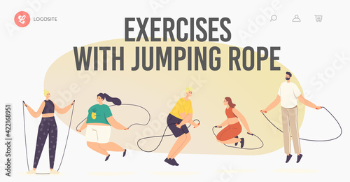 Characters Exercising with Jump Rope Landing Page Template. Summertime Recreation, Outdoor or Indoor Active Sparetime