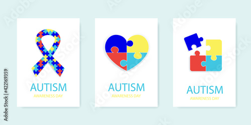 Autism awareness day, jigsaw puzzle, set of flyers with inscription, ribbon heart and square symbols. Vector stock illustration. 
