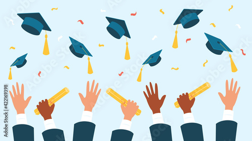University and college graduates hold a diploma scroll, throw up a square academic cap, confetti. Happy graduation concept. Vector stock illustration. 