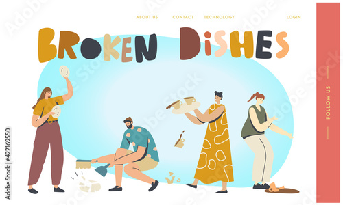 Clumsy Characters Break Dishes Landing Page Template. Men or Women Breaking Plates Smithereens with Small Pieces Scatter