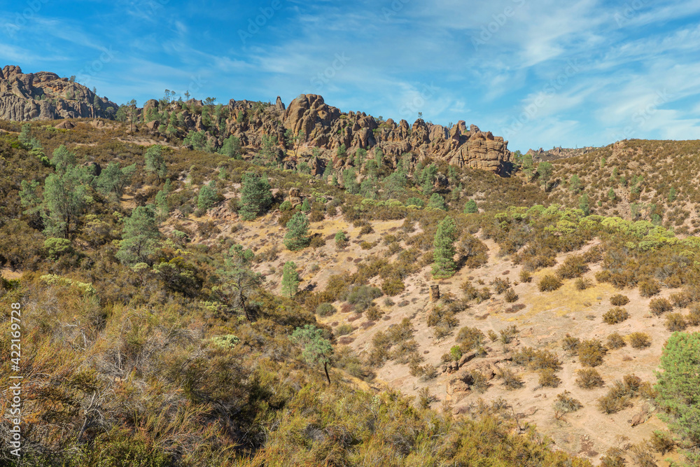 Rock formations in Pinnacles National Park in California, the destroyed remains of an extinct volcano on the San Andreas Fault. Beautiful landscapes