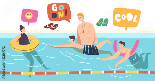 Swimming Lesson, Coach Teaching Kids Characters in Pool. Girl and Boys in Swimwear and Glasses with Training Tools