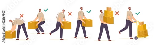 Right and Wrong Manual Handling and Lifting of Heavy Goods. Male Characters Carry Carton Boxes Correctly and Improperly