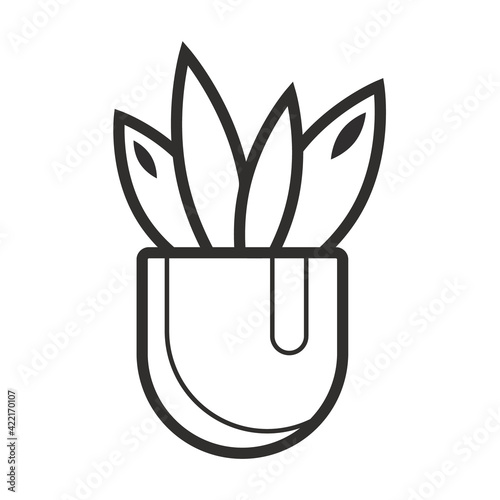 A non flowering indoor plant in a pot. Plant element home decor black and white doodle. Vector illustration for seasonal design, prints, coloring