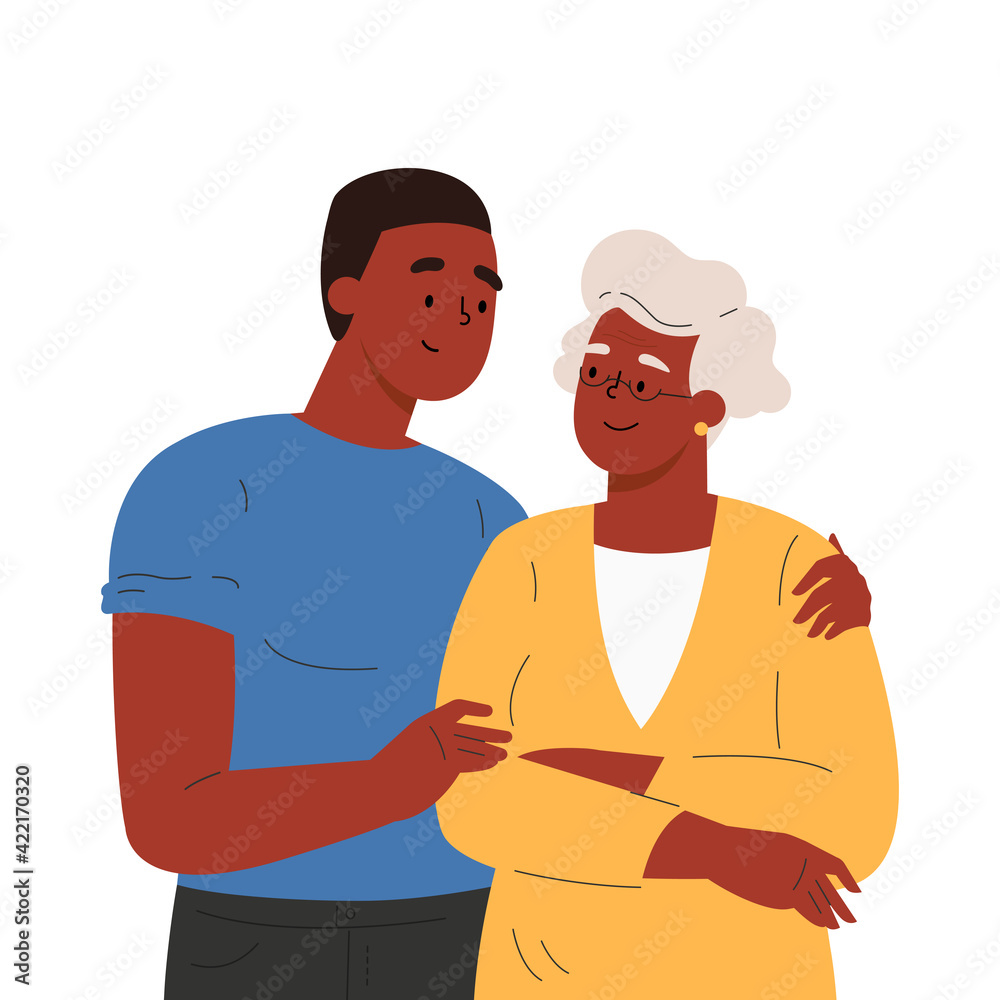 Happy adult son hugging old mother feeling love to each other. Portrait of  young guy with grandma. Friendly family relationship. Cartoon vector flat  illustration on white background. Stock Vector | Adobe Stock