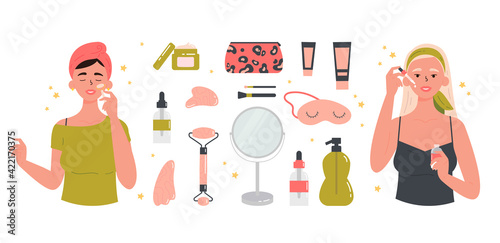 Women with facial gua sha stone. Beauty routine. Face and body skin care concept. Attractive girls with various cosmetics and accessories for beauty. Hand drawn trendy colored illustration. 