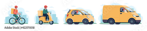 Bicycle courier, moped, electric vehicle and cargo van for delivery. Online delivery service concept, tracking online orders. Set of vector illustrations in flat style, transport for cargo, yellow.
