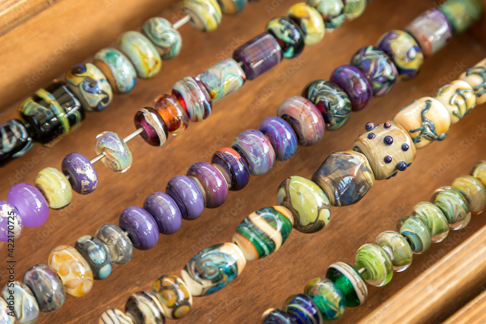 Assorted multicolored glass beads. Handmade jewelry