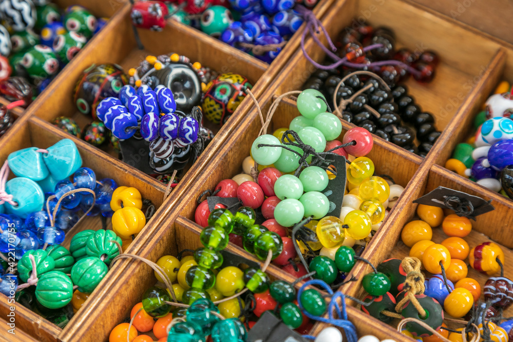 Assorted multicolored glass beads. Handmade jewelry