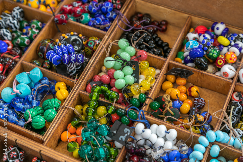 Assorted multicolored glass beads. Handmade jewelry