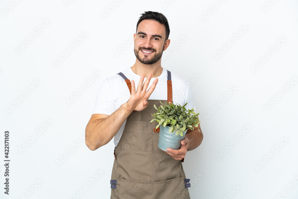 Gardener man holding a plant isolated on white background happy and counting four with fingers Gardener man holding a plant isolated on white background happy and counting four with fingers