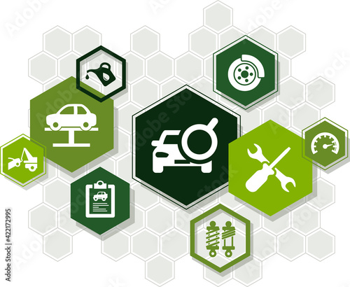 Car / auto repair vector illustration. Concept with icons related to car service and inspection, motor check, oil change, automotive maintenance, vehicle or automobile repair shop.