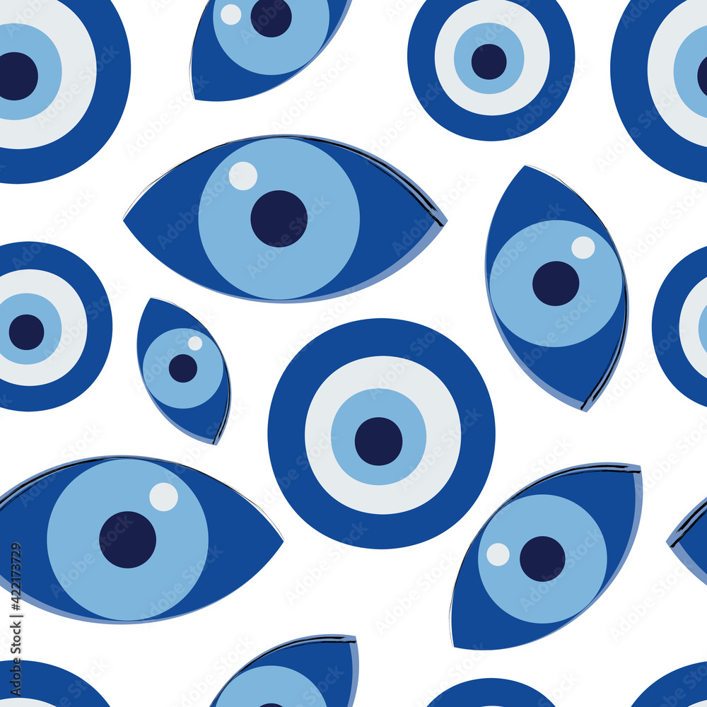 Turkish amulet against the evil eye. Blue eye. Guardian Nazar. Seamless pattern for printing on fabric, textile, paper, interior design. Turkish amulet against the evil eye. Blue eye. Guardian Nazar. Seamless pattern for printing on fabric, textile, paper, interior design.