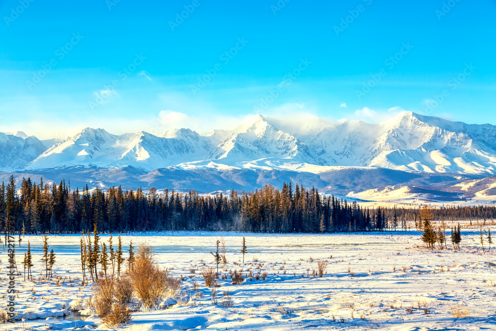 Sunny winter landscape in the Altai Mountains, Russia
