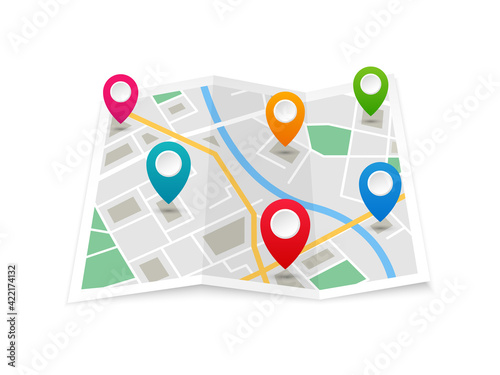 Folded location map with markers. City map with colored pin pointers. GPS navigation map with city street roads. Vector illustration.