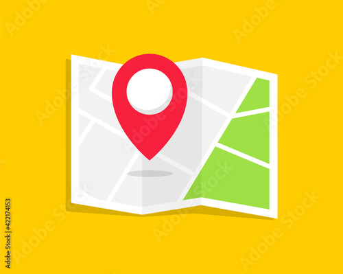 Flat folded location map with marker. City map with pin pointer. GPS navigation map with city street roads. Vector illustration.
