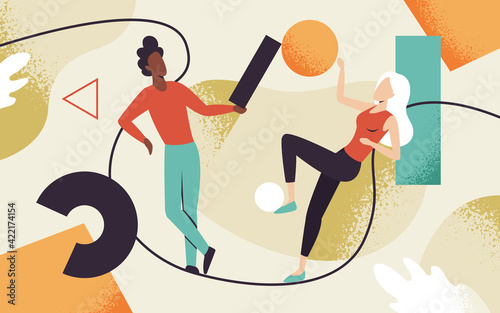 People teamwork organization vector illustration. Cartoon man woman characters team working together, collecting organizing abstract colorful geometric shape, creative geometry metaphor background.